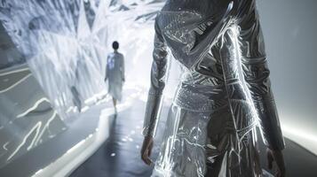 A metallic silver midi dress with a holographic embroidered pattern and builtin LED lights. The background is a futuristic art exhibit featuring avantgarde fashion designs photo