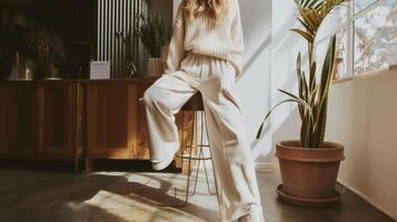 A highneck creamcolored knit sweater paired with wideleg cream trousers and white leather slipon sneakers ideal for a cozy yet chic day in a minimalist coffee shop photo