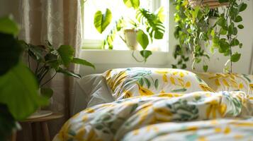 A trailing cascading string of bananas plant its yellow and green foliage spilling out of a hanging planter adding a touch of whimsy and movement to a bedroom photo