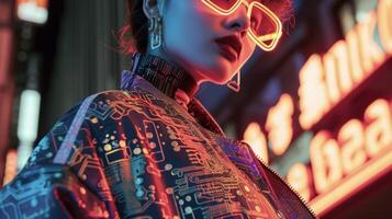 un retrofuturista conjunto con un digital circuito tablero impresión chaqueta y de inspiración vintage accesorios canalización un único y futurista sentido de estilo foto