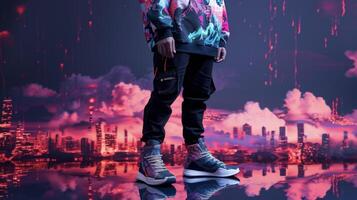 A cool and casual outfit with a digital graffiti print sweatshirt and techinspired sneakers reflecting the vibrant and everchanging world of digital art photo