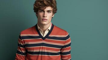 A bold striped polo layered under a Vneck sweater giving off a preppy and refined look photo