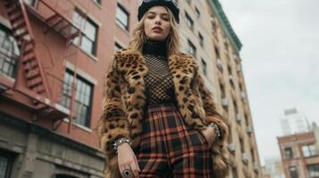 A cropped faux fur coat in bold leopard print worn over a fishnet turtleneck and plaid pants accessorized with spiked bracelets and a statement leather beret. This look embodie photo