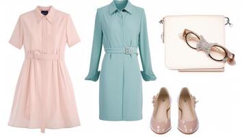 A feminine and flirty Mod ensemble includes a fitted collared shirt dress in a delicate pastel shade paired with a statement belt and patent loafers for a touch of shine photo