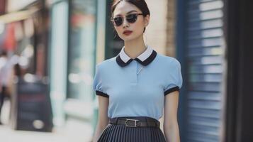 A collared polo shirt tucked into a pleated midi skirt creating a sophisticated preppy look photo