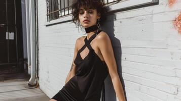 A little black dress with a out side and an asymmetrical hemline paired with chunky block heels and a statement choker. This deconstructed classic look is perfect for a roofto photo