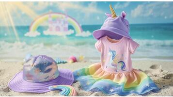 Add a touch of whimsy to your childs beach look with this fairy taleinspired ensemble featuring a pastel purple sun hat with a sparkly unicorn print a pink rash guard wit photo