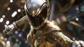 A metallic gold jumpsuit with a capelike detail completed with metallic silver gloves and a sleek silver helmet. Background Battling against alien invaders on a distant an photo