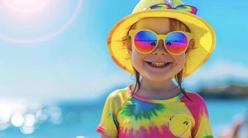 Channel positive vibes with this sunny beach outfit complete with a yellow sun hat with a smiley face a tiedye rainbow rash guard and matching rainbow swim shorts. The backgroun photo