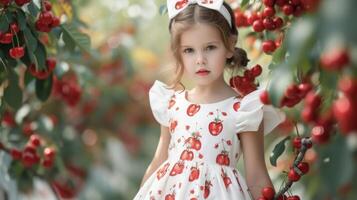 A charming and whimsical look featuring a full skirted dress with cherries and a headband with a bow photo