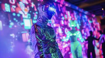 A metallic silver suit with builtin LED lights worn over a neon green mesh top and black vinyl pants. The background is a vibrant futuristic nightclub with a live DJ and holographi photo