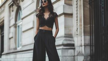 A black lace crop top paired with highwaisted wideleg trousers creating an effortlessly chic and puttogether look photo