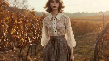 A delicate lace blouse paired with a wool midi skirt in a classic houndstooth print. Finished off with suede block heels this look is refined and polished perfect for a day o photo