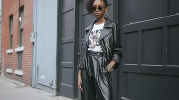 A sleek leather jacket paired with a graphic tee wideleg pants and ankle boots for a edgy and fashionable ensemble photo