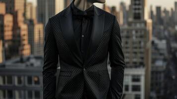 A tailored 3D printed suit with personalized geometric patterns showcasing the wearers sense of style. This sharp and modern look is perfect for a night at a trendy roofto photo