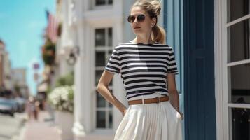 Keep it effortlessly cool and preppy in a navy and white striped tshirt paired with wideleg white pants and a pair of brown leather loafers. Ideal for a day of shopping i photo