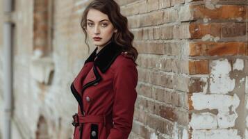 A burgundy trench coat with black velvet trim and br buttons creating a regal militaryinspired look. Ideal for a day of shopping in a historical town photo