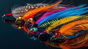 A series of colorful handtied fly fishing flies made of the finest feathers and silk threads photo
