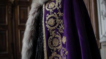 A statement cape in a majestic shade of royal purple adorned with intricate gold embroidery and softened with a faux fur trim. Pair with a simple black dress for a touch o photo