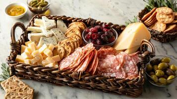 A thoughtfully curated basket b with rare international snacks specialty cheeses and gourmet spreads photo