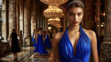 A pleated kneelength dress in a striking shade of royal blue with a plunging neckline and intricate beading. Paired with a statement headband and a long necklace. The backgroun photo