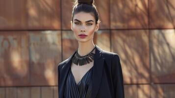 A sophisticated and elegant ensemble with a silk blouse pleated maxi skirt and tailored blazer finished off with a chunky tribalinspired necklace and a sleek top knot perfec photo