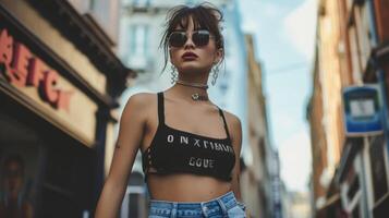 A crop top with custom 3D printed lettering spelling out the wearers pions and interests. This fun and edgy look is perfect for a day of shopping in a hip alternative city photo