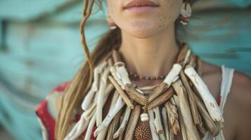 A statement necklace made from repurposed driftwood adding a touch of natural elegance to a bohemianinspired outfit photo
