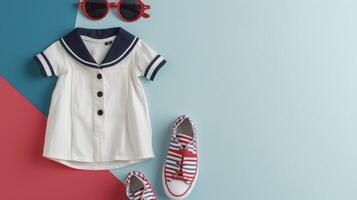 A white romper with navy blue sailor collar detailing paired with red sungles and striped canvas sneakers for a fun and youthful take on nautical style photo