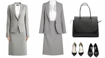 A structured light grey pencil skirt paired with a matching blazer and a white silk blouse topped off with minimalist black pumps and a black leather tote great for a busines photo