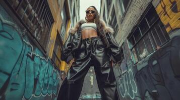 Surrounded by the hustle and bustle of the city this hip hop outfit stands out with its mix of streetwear and luxury. Baggy leather pants are paired with a fitted crop to photo