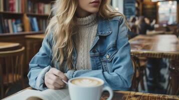 mantener eso casual aún elegante con un mezcla de mezclilla y tejer texturas incluso un mezclilla chaqueta cable tejer suéter y afligido vaqueros. el fondo de un acogedor café tienda o pintoresco foto