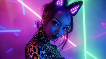 Wild Child Embrace your wild side with this rave look. A leopard print bodysuit and tulle skirt create a bold statement while LED cat ear headbands and a pack keep the outfi photo