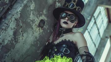 Mixing in elements from the steampunk fashion movement this cybergoth look features a leather corset black top hat and goggles. Neon green accents like a skirt and fishne photo