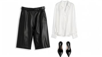 Keep it sleek and modern with a pair of black leather bermuda shorts a tuckedin silk blouse and pointedtoe mules. This sophisticated look is perfect for a business lunch o photo