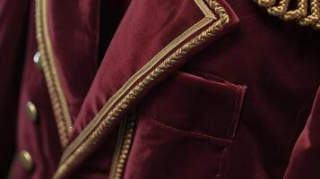 A burgundy velvet blazer with gold braided trim and militaryinspired shoulder detailing perfect for a formal event at the officers club photo