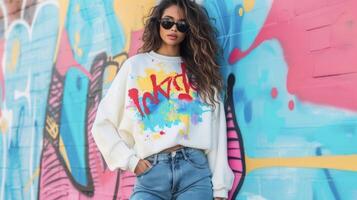 A statement sweatshirt with a colorful spray paint print paired with highwaisted jeans and retro sungles for a fun street artinspired outfit photo