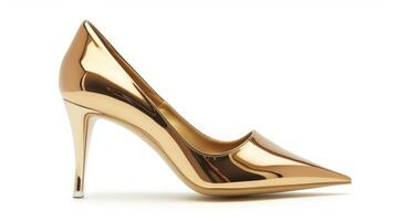 A spy stiletto heel in a metallic gold finish channeling the gl and decadent vibe of Art Deco interior decor photo