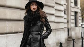 A black leather trench coat with a cinchedin waist and oversized collar paired with kneehigh boots and a chunky scarf. This look exudes a timeless elegance and is perfec photo