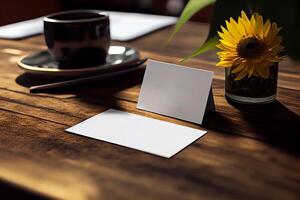 Blank paper table card on wooden table over bar background photo
