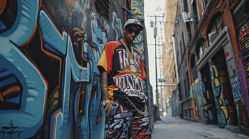 A the colorful urban artwork and flashing neon lights of a downtown alleyway a figure stands out in baggy jogger pants a baseball jersey and a snapback cap. Heavy gold chain photo