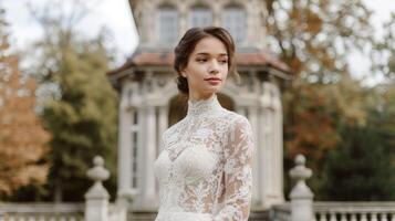 A chic and sophisticated NeoGothic look featuring a fitted lace dress with a high neckline and long lace sleeves paired with spy heels. Perfect for a Gothicinspired weddin photo