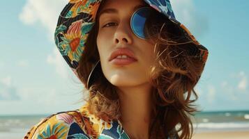 The retro beachgoer A bucket hat with a 70sinspired print paired with a coverup and platform sandals transporting to a vintage era by the seaside photo