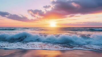 Background A serene beach with crashing waves and a colorful sunset photo