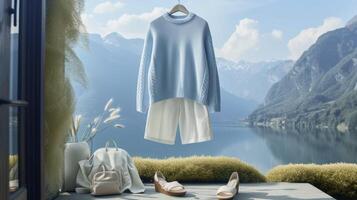 An ultrasoft cashmere sweater in a pale blue hue paired with highwaisted white denim and slideon sandals a relaxed and luxurious look for a day spent admiring a tranquil mountai photo