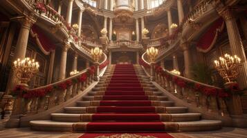 antecedentes el grandioso escalera de un castillo es el Perfecto ubicación para usted a escaparate tu como una princesa vestido creando un soñador y mágico rojo alfombra momento foto