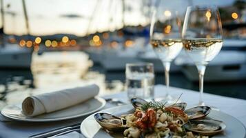 antecedentes complacer en un Mariscos banquete a un frente al mar restaurante con el oler de vendedor y el visión de veleros balanceo en el puerto foto