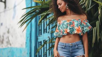 A loose offtheshoulder top in a vibrant tropical print paired with highwaisted denim shorts and spy gladiator sandals. Perfect for a day of island adventures from hiking t photo