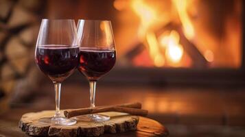 Background Sipping mulled wine by the fireplace on a romantic ski lodge getaway photo