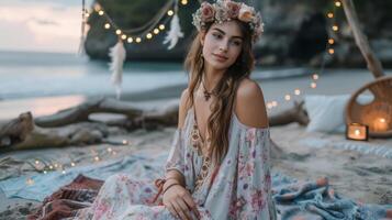 un fluido y romántico Mira con un floral maxi vestir con accesorios con un flor corona y cordones sandalias. esta atuendo es Perfecto para un playa fiesta con un soñador y etéreo foto